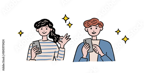 顧客満足度や口コミでポジティブな評価をスマホでする人々-ビジネス系手書きベクターイラスト素材 People giving positive reviews on smartphones -
Business-themed hand-drawn vector illustration material.