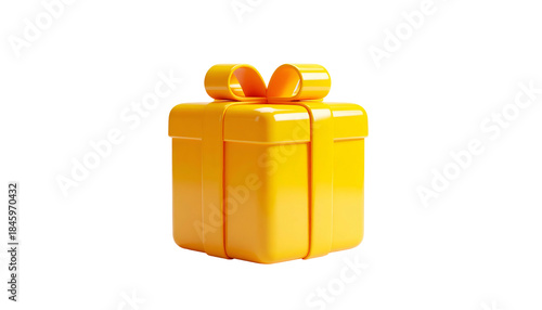 Shiny, yellow 3D render of a gift box with a matching ribbon and bow on a black background