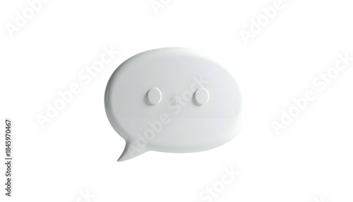 A 3D rendered white speech bubble icon with a face-like design on a stark black background