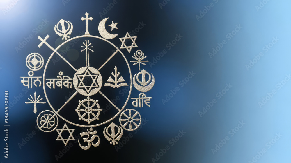 Fototapeta premium Religious symbols representing unity and peace for World Religion Day celebration with diverse beliefs, depicting various faiths including Christianity, Islam, Hinduism, and Buddhism.