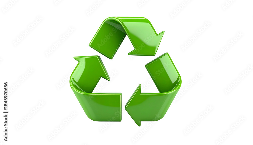 Fototapeta premium A glossy, three-arrowed symbol of recycling rendered in vibrant green against black