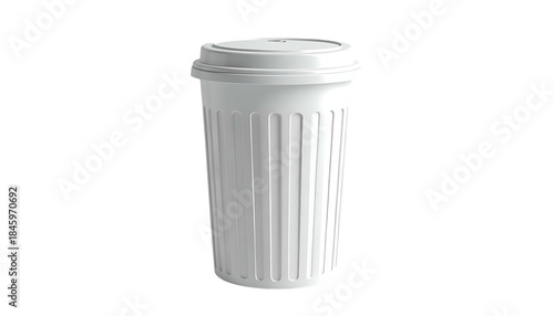 A white disposable cup with a ribbed design and a matching lid, isolated on black