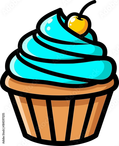 Delicious Cupcake with Blue Frosting and Cherry Topping Illustration.