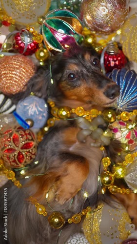 beautiful dachshund dog lies among the Christmas decorations, vertical video