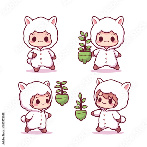 Adorable cartoon characters in sheep costumes with potted plants.