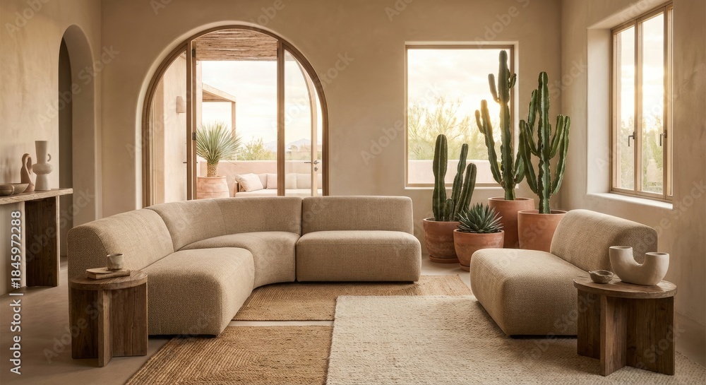 Fototapeta premium Modern Minimalist Living Room with Beige Sofa and Cactus Decor