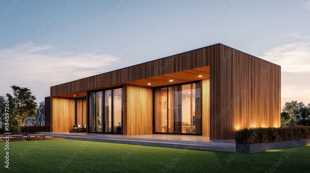 Fototapeta premium A captivating modern single-story residence featuring an innovative wood slat exterior and impressive glass doors