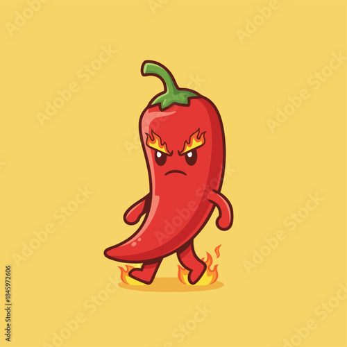 Angry red chili pepper walking with fire under its feet.