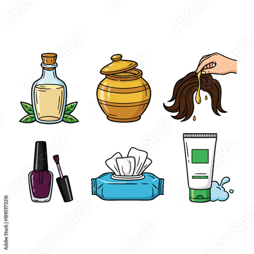 Beauty and personal care products set with nail polish oil hair mask and wet wipes.