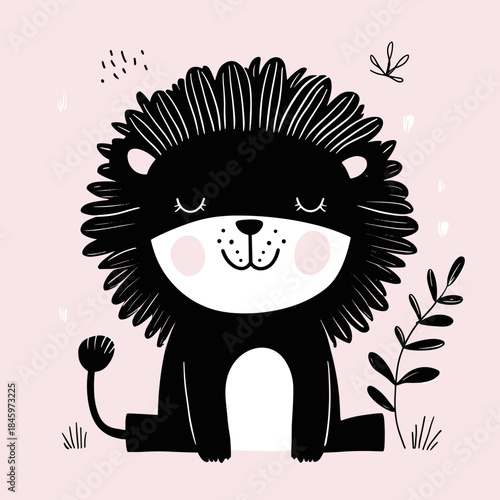 Cute black lion cub with closed eyes on a pink background.