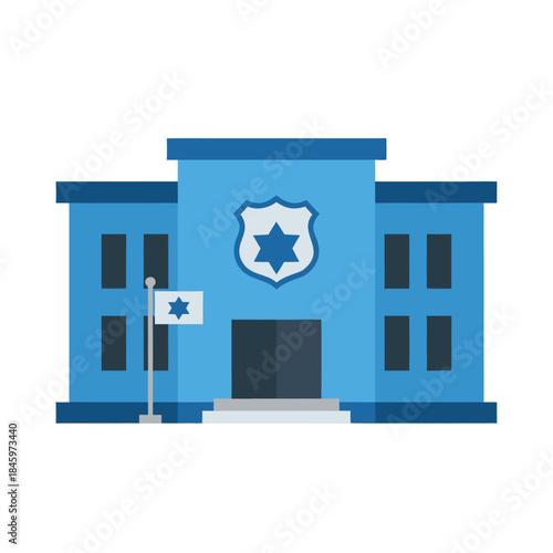 Blue Police Station Building with Flag.