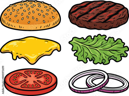 Burger Ingredients Isolated on White Background.