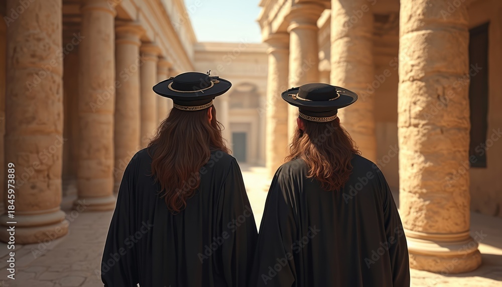 Fototapeta premium Two men in ancient Jewish attire walk past stone columns. Their long hair and dark robes suggest a historical religious context, possibly biblical times or ancient Israel. They wear distinctive hats.