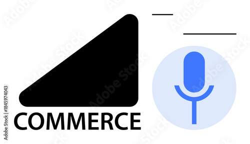E-commerce, audio branding, voice technology, business communication, podcasting, digital marketing. Black commerce icon and blue microphone graphic. E-commerce and audio branding emphasis