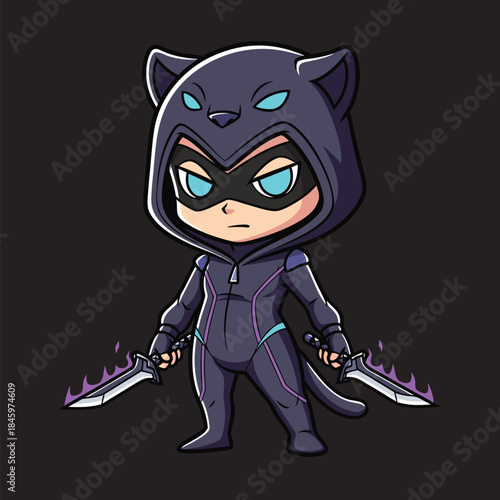 Chibi Black Panther Assassin Character with Daggers.