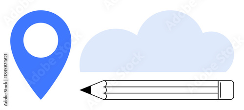 Navigation, cloud storage, data management, creativity, design tools, online services. Blue location marker, cloud and pencil illustration. Navigation and cloud storage concept