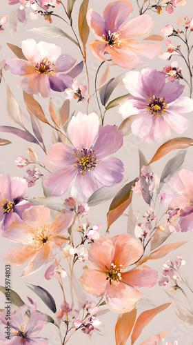Colorful floral pattern featuring various flowers and delicate leaves on a light background