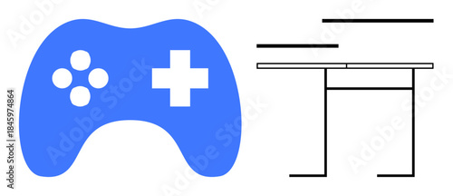 Gaming, technology, entertainment, design, creativity, modern lifestyle. Blue gaming controller next to a minimalist table outline. Gaming and technology are key visual elements