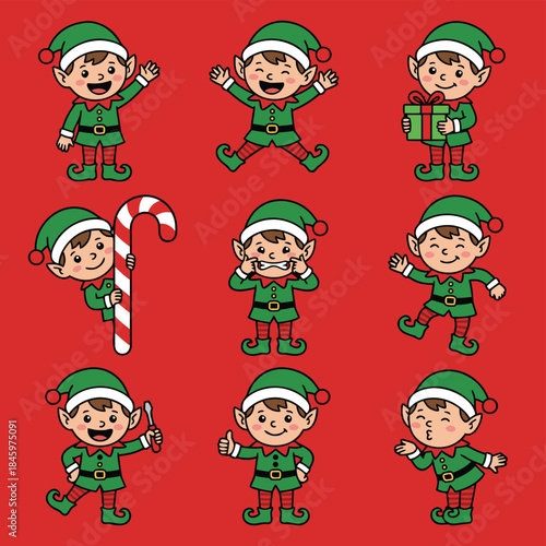 Christmas Elf Characters Set with Various Poses and Expressions.