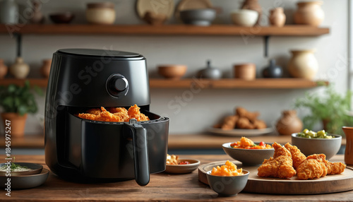Black air fryer cooks crispy fried chicken strips on wooden table. Kitchen counter shows bowls of dip and side dishes. Home meal preparation.