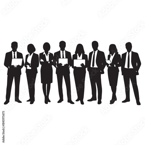 Business people , silhouettes, group of standing business men and businesswomen

