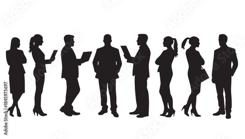 Business people , silhouettes, group of standing business men and businesswomen
