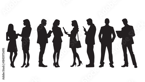 Business people , silhouettes, group of standing business men and businesswomen
