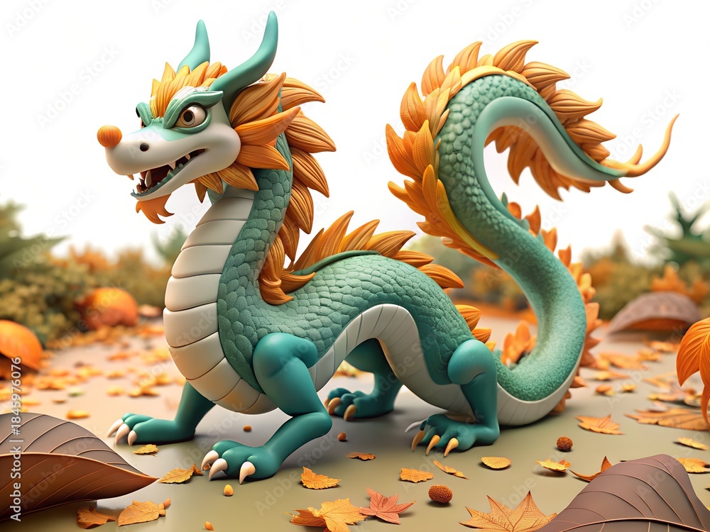 Fototapeta premium A vibrant green dragon with orange mane and tail in a fall setting