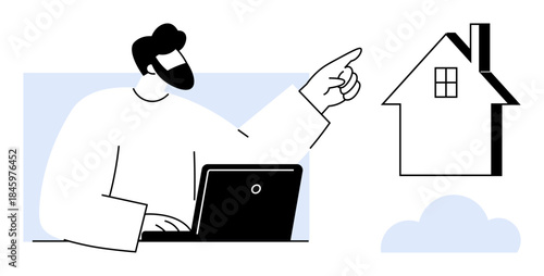 Real estate, home buying, mortgage planning, property analysis, online searches, digital consultancy. Person pointing toward a house. Real estate and home buying concepts