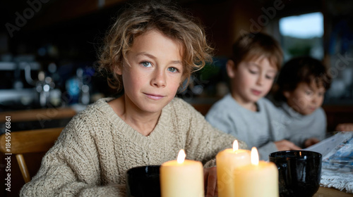 A young boy, surrounded by his siblings, gazes thoughtfully into the warm light of candles, creating a cozy atmosphere of familial bonds and deep connections.