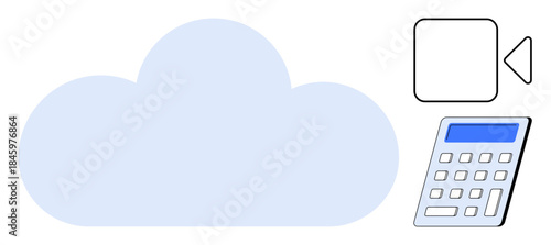 Cloud computing, online collaboration, digital services, data management, video conferencing, financial technology. A cloud, calculator and video icon. Cloud computing and online collaboration