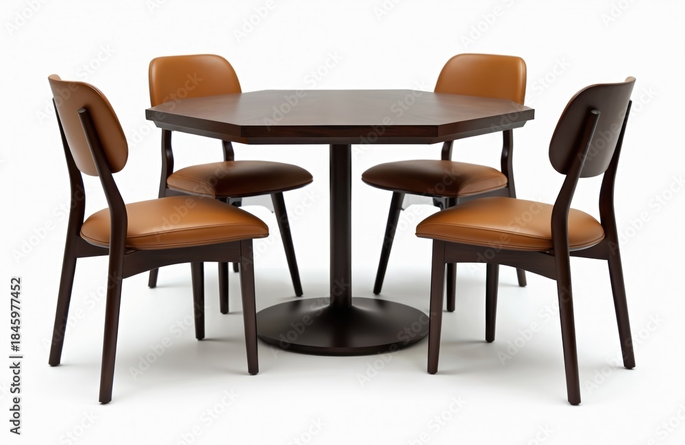 Fototapeta premium Dark wood octagonal table with four brown faux leather chairs. Furniture set isolated on white background. Modern dining room or cafe setup for meal.