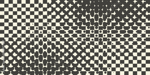 Trippy checkerboard background. Retro psychedelic checkered wallpaper. Wavy groovy chessboard surface. Distorted geometric pattern. Abstract monochrome vector backdrop