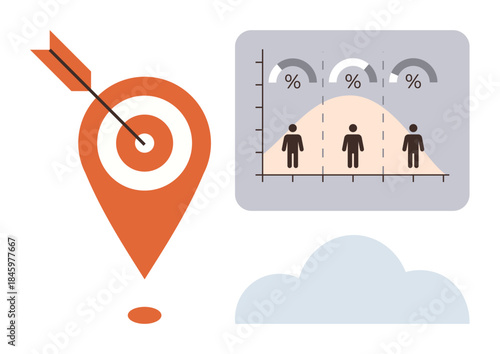Big red target with arrow, demographic graph showing percentages and individuals, and cloud element. Ideal for data analytics, market targeting, business strategy, success goals, demographics