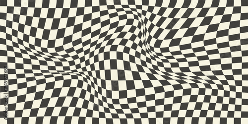 Trippy checkerboard background. Retro psychedelic checkered wallpaper. Wavy groovy chessboard surface. Distorted geometric pattern. Abstract monochrome vector backdrop