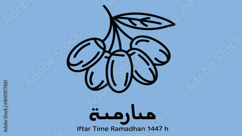 black and white line art illustration of a bunch of dates with leaves, featuring Arabic text and if-tar time Ramadhan 1447 h for Islamic religious design use.