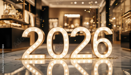 Illuminated 2026 sign in luxurious store setting with sparkling decorations.