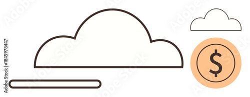 Minimalist cloud shapes with a coin symbolizing cloud storage, digital economy, and innovation. Ideal for technology, economy, data, finance, cloud computing savings and modern concepts. Simple