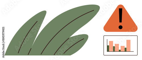 Green leaves with a warning exclamation icon and a bar chart. Ideal for sustainability, climate change, environmental awareness, data analysis, risk assessment, ecological strategy, simple flat