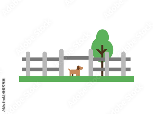 Minimalist illustration showing a small brown dog walking behind a grey fence on green grass, with a stylized green tree, evoking a playful pet in an outdoor yard or a local dog park environment