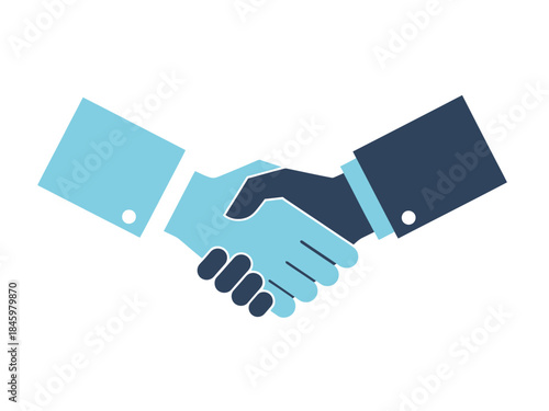 Two individuals shaking hands, symbolizing a deal, partnership, or agreement, rendered in a clean, modern, flat design style with a blue and light blue color palette