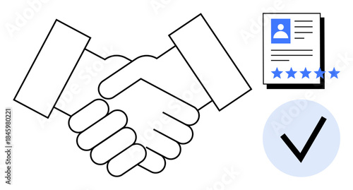 Handshake with resume document featuring rating stars and verification checkmark. Highlights trust, professional agreements, hiring, validation, partnerships, certifications, and employment processes