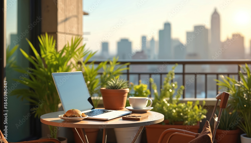 Obraz premium Open laptop, sandwich and coffee cup on a round table. Green plants and city skyline in background. Balcony setup for work or casual meal outdoors.