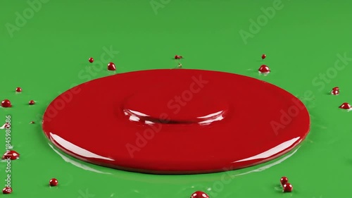 Red Paint Splashing and Spreading on a Vibrant Green Surface.