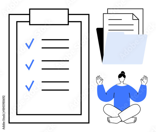 Time management, productivity, organization, stress management, balance, focus. Checklist with checkmarks, folder and meditating person. Productivity and organization