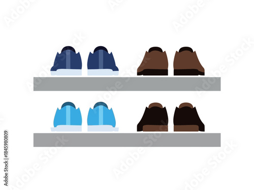 Organized display of footwear featuring blue casual sneakers and brown dress shoes, neatly arranged on modern shelves, symbolizing a tidy home and personal style