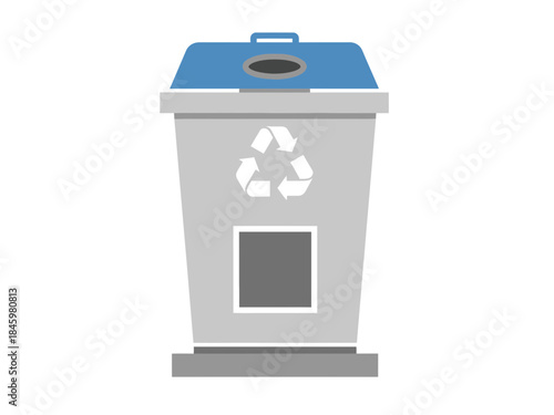 Flat vector illustration of a gray recycling bin with a blue lid and a universal recycling symbol, designed for environmental conservation and waste management concepts