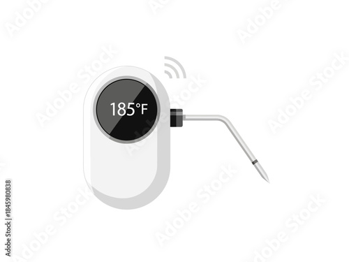 A modern wireless smart meat thermometer with a digital display showing 185 degrees Fahrenheit for precision cooking, isolated on a white background