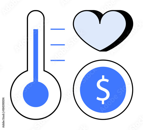 Fundraising, charity campaigns, crowdfunding, nonprofit goals, donation tracking, financial support. A thermometer, heart and dollar coin icon in blue. Fundraising and charity campaigns concept