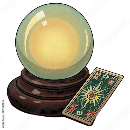 Mystical crystal ball with glowing center sits on polished wooden base next to tarot card featuring sun design, perfect for divination, transparent background